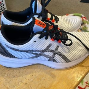 Womens athletic ASICS shoes, white/orange/black size 7.5